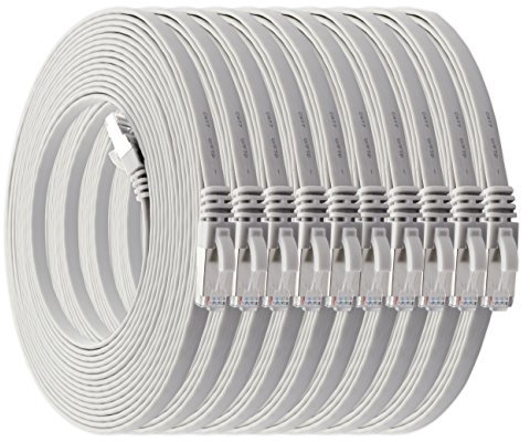 2m - weiß - 10 Stück Cat7 Flachkabel Netzwerkkabel Cat 7 Rohkabel Gigabit Lan (10Gbit/s) Flachbandkabel Verlegekabel Patchkabel Flach Slim Rj 45 Stecker Cat6a