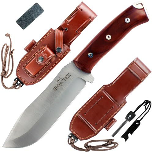 JEO-TEC Nº45 Full Tang Outdoor Camping Survival Bushcraft Jagdmesser Überlebensmesser Messer mit Holzgriff - Stahl MOVA - Lederscheide Feuerstahl Messerschärfer - Single Edge