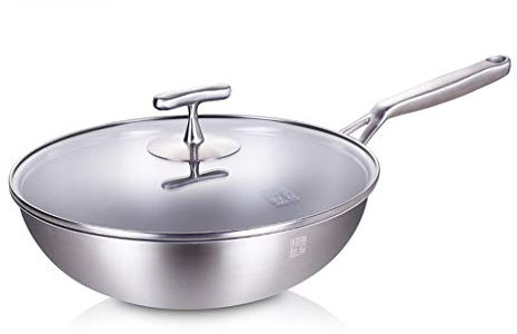 Pentola in titanio per uso domestico, fornello a induzione Wok in titanio puro, padella wok non rivestita, wok in titanio antiaderente con coperchio in acciaio inossidabile, utensili da cucina