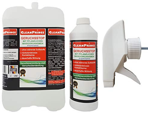 2,5 Litro Tanque, bidón STOP OLOR CON LOS MICROORGANISMOS de CleanPrince. Ud. recibe 2 Litro en Bote de recarga y 500 ml En el botella del aerosol. Específicamente adecuado a la Destrucción de Olores por Gasóleo calefacción,Leche,Abfall,Orina,soldadura- En Zapatos/Textiles,olores de Tanques sépticos así como de Erbrochenem. cleanprince Stop olor neutralizado sobre la base de Complejo de la enzima mal olores de agria leche,Tiergerueche,Olores de aceite combustible,olores de erbrochenem,