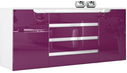 Vladon Sideboard Kommode Sylt V2, Made in Germany, Korpus in Weiß matt/Front in Brombeer Hochglanz mit Absetzungen in Weiß Hochglanz (166 x 72 x 35)