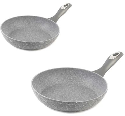 Salter COMBO-6448 20cm & 28cm Non-Stick Frying Pan Set, Healthier Cooking with Little to No Oil, Induction Suitable, Durable Forged Aluminium, Marblestone, Grey