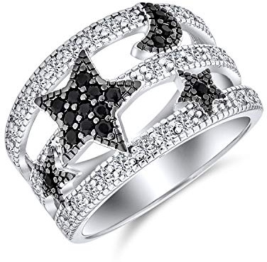 Bling Jewelry Schwarz Weiß Pave Cubic Zirkonia Cz Mode Himmlisch Patriotisch Usa Amerikanisch Rock Star Sparkly Breite Anweisung Band Ring Für Frauen Teen Versilbert