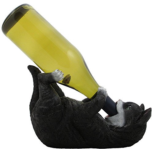 Playful Black & White Kitty Cat Wine Bottle Holder Sculpture for Decorative Tabletop Wine Racks and Stands or Kitten Statues & Pet Figurines As Gifts for Cat Lovers