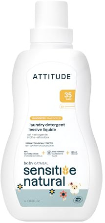 ATTITUDE Lessive Liquide pour Bébé, Enrichi d'Avoine, Peaux Sensibles, EWG Verified, Sûre pour les Vêtements de Bébé, Végane, Compatible HE, Sans Odeur, 35 Brassées, 1.04 L