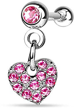 Piercingfaktor Tragus Helix Ohr Cartilage Knorpel Piercing 316 L Chirurgenstahl Stecker Kristall Kugel mit Herz-Anhänger Silber - Pink