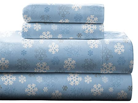 Pointehaven Heavy Weight Flannel Sheet Set, Twin, Snow Flakes - Warm & Cozy - 100% Cotton Flannel Pre-Shrunk -170 GSM -Deep Pockets -Easy Fit Elastic All Around-Comfy Double Brushed