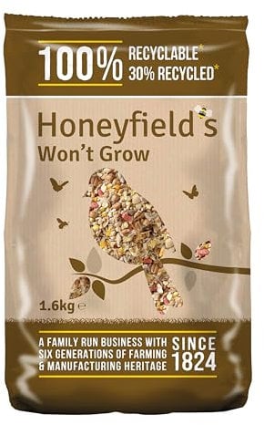 No Grow Bird Seed Mix for Wild Birds - Wild Bird Food for Small Birds for Patios and Non-Grass Areas, Kibbled Sunflower Hearts, Kibbled Peanuts, Ground Feeding and Bird Tables (1.6kg) - Honeyfield’s