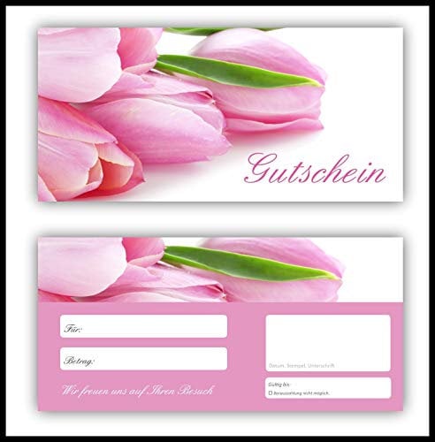 200 Geschenkgutscheine (Blumen-610) - Schönes Gutscheine für Ihre Kunden mit pink rosa Tulpen Gutscheinkarten für Geschenke, Geburtstag, Freizeit, Wellness, Feier, Frühling, Sommer, Blumenhandel