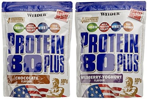 WEIDER Protein 80 Plus Eiweißpulver, 2 Pack Mixed, Schoko/Waldfrucht-Joghurt, Low-Carb, Mehrkomponenten Casein Whey Mix für Proteinshakes, 2x500g