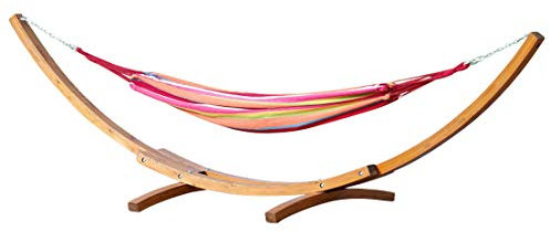 ALEOS. 410cm XXL Luxus Hängemattengestell Limited Edition Mona Hängematte mit Gestell aus Holz Lärche mit Tuchhängematte, Ketten Karabiner und Schrauben aus Edelstahl
