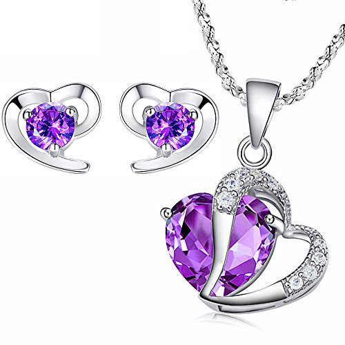Kim Johanson Damen Schmuckset *Lila Herz* Silber Halskette mit Anhänger & Ohrringe mit Zirkonia Steinchen besetzt inkl. Geschenkverpackung