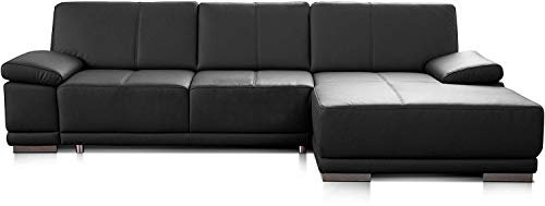 CAVADORE Ecksofa Corianne / Ledercouch inkl. Armteilverstellung und Longchair / 282 x 80 x 162 / Echtleder, schwarz