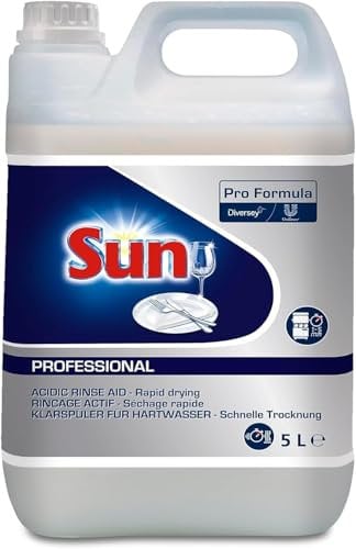 Sun Professional 7508548 Liquide de rinçage acide pour lave-vaisselle avec eau dure, vaisselle radieuse et brillante, 5 l