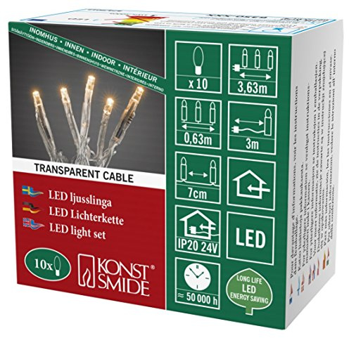 Konstsmide Micro LED Lichterkette, verschweißt, 10 bernsteinfarbene Dioden, 24V Innentrafo, transparentes Kabel - 6350-823