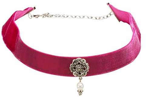 Alpenflüstern Trachten-Samt-Kropfband Elfrida mit Ornament und Perle - nostalgische Trachtenkette enganliegend, Kropfkette elastisch, Damen-Trachtenschmuck, Samtkropfband breit pink-Fuchsia DHK168
