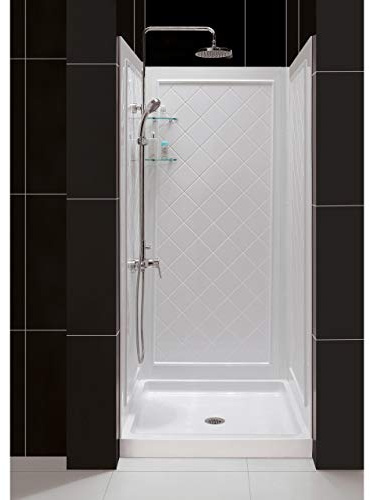 DreamLine 36 in. D x 36 in. W x 76 3/4 in. H Center Drain Acrylic Shower Base and QWALL-5 Backwall Kit In White, DL-6194C-01