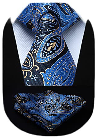 HISDERN Herren Krawatte Einstecktuch Set Extralange Paisley Blau Krawatten und Taschentuch Elegante Hochzeit Seidenkrawatte für Männer