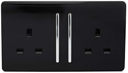 Trendi 2 Gang Raised Artistic Modern Glossy Screwless 13 Amp Single Pole with Chrome Switched UK Standard Electrical Double Wall Plug Socket in Piano Black - ART-SKT213LBK