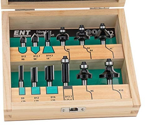 ENT 09012HKB 12-tlg. Fräser Set in Echtholzkassette - Schaft 8 mm - Hartmetall-Schneiden - Einsatz für die Oberfräse