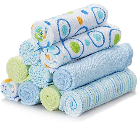 Spasilk Washcloth Wipes Set for Newborn Boys and Girls, Soft Terry Washcloth Set, Pack of 10, Blue Circles