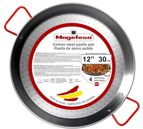 MAGEFESA 12 Carbon Steel Paella Pan – 30 cm - 4 Serving, Durable & Lightweight with Dimpled Surface, Ideal for Outdoor Cooking & Traditional Valencian Paella