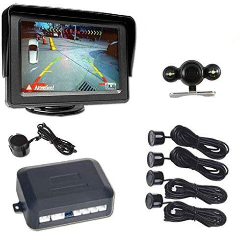 BW® Monitor LCD a colori per auto da 4,3” per specchietto retrovisore + telecamera per retromarcia con visione notturna + 4 sensori di parcheggio, 1 cicalino