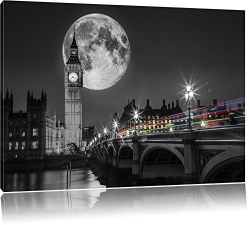 Pixxprint Big Ben vor dem Mond in London B&W, Größe: 100x70cm, Leinwandbild, fertig gespannt, Wandbild, Dekoration, Kunstdruck, kein Poster