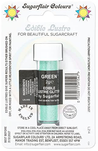 Sugarflair Green Edible Lustre Glitter, Add a Lustrous Shine to Cakes or Decorations. Brush On or Add Rejuvenator to Create Eye-Catching Edible Paint - 2g