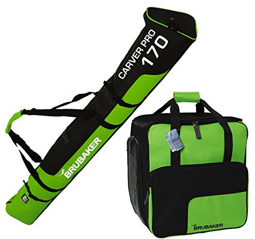 BRUBAKER Kombi Set Skisack und Skischuhtasche für 1 Paar Ski bis 170 cm + Stöcke + Schuhe + Helm Grün Schwarz