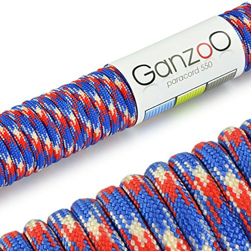 Paracord 550 Seil Blau | Rot | Weiß | 31 Meter Nylon/Polyester-Seil mit 7 Kern-Stränge | für Armband | Knüpfen von Hunde-Leine oder Hunde-Halsband zum selber machen | Seil mit 4mm Stärke | Mehrzweck-Seil | Survival-Seil | Parachute Cord belastbar bis 250kg (550lbs) - Marke Ganzoo