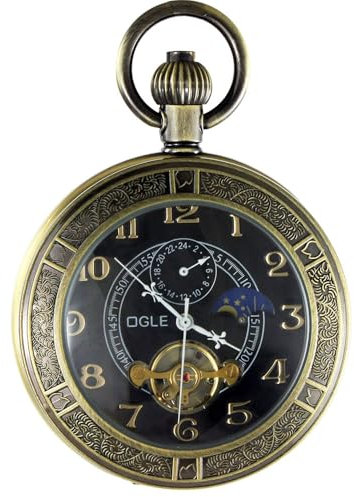 OGLE Wasserdichtes Lechtendes Vergrößerungsglas Tourbillon Mond Sonne Kette Fob Selbstaufziehende Automatische Mechanische Taschenuhr (Bronzeschwarz)