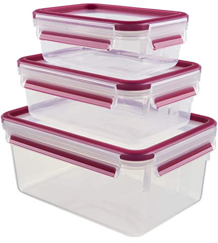 EMSA Clip & Close Frischhaltedosen-Set, rechteckig, 0,55 L+1.00 L+ 2,20 L, Aufbewarungsboxen, 100 Prozent dicht, spülmaschinen-, gefrier-, mikrowellenfest, Himbeer, Transparent, 515584