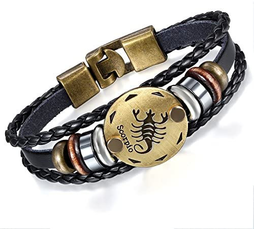 Flongo Lederarmband Horoskop Armband Damen Armkette Herren Armreif, Leder-Armband Armreif Manschette Manschettenknopf Schwarz Gold Golden Horoskop Tierkreis Sternzeichen Sternbild Skorpion