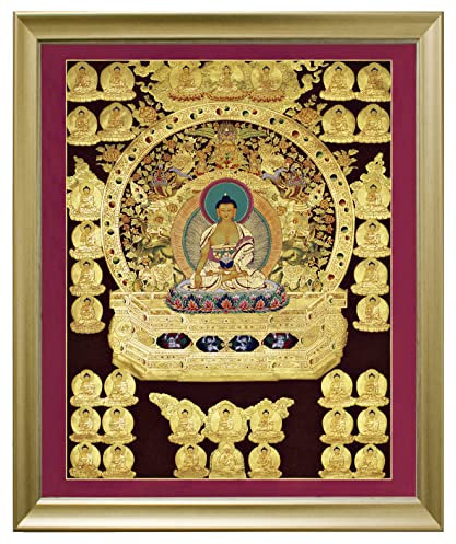 Thangka Druck Kunstdruck religiöses Wandbild Buddha mit schönen goldenen Holzrahmen von Nielsen hinter Glas 50x40 cm