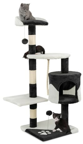 lionto Kratzbaum für Katzen mit 2 Plüschbällen & Spielseil, Höhe 112 cm, Katzenbaum mit Sisalseil & Plüsch, gemütliche Liegefläche & Höhle, inkl. Wandhalterung, für kleine & große Katzen, schwarz/weiß