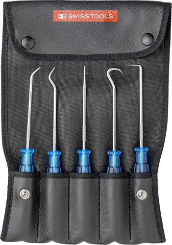 PB SWISS TOOLS Pick Set with 5 Universal PickTools in a Blue Roll-up Case for Engines, Gears, Brakes, Air-Conditioning Equipment