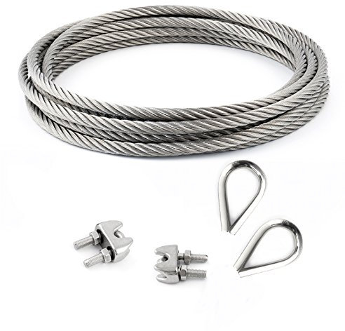 CONJUNTO 5m cable 5mm acero inoxidable cordaje hebra: 7x19 + 2 abrazaderas + 2 dedales