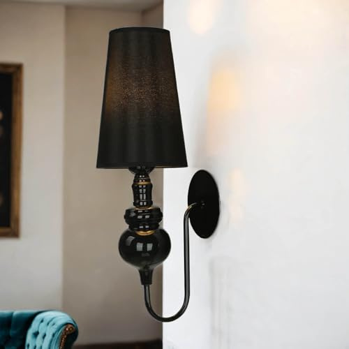 Licht-Erlebnisse Design Wandleuchte Schwarz Gold, Stoff, Metall, Wohnzimmerlampe, E27, H:49 cm, gemütlich, wohnlich, blendarm, Wandlampe Wohnzimmer Schlafzimmer