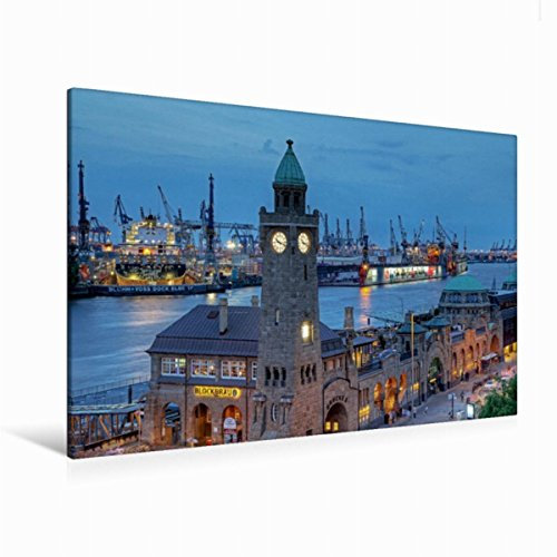 Premium Textil-Leinwand 120 x 80 cm Quer-Format St. Pauli Landungsbrücken | Wandbild, HD-Bild auf Keilrahmen, Fertigbild auf hochwertigem Vlies, Leinwanddruck von Joachim Hasche