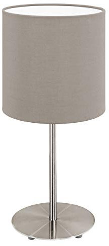 EGLO Tischlampe Pasteri, 1 flammige Textil Tischleuchte, Nachttischlampe aus Metall in Silber und Stoff in Taupe, E27 Fassung, inkl. Schalter, H 40 cm
