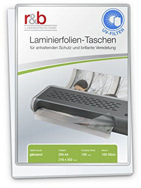 r&b FT-A4-150UV Laminierfolien A4, 216 x 303 mm, 2 x 150 mic mit UV Filter, 100 Stück