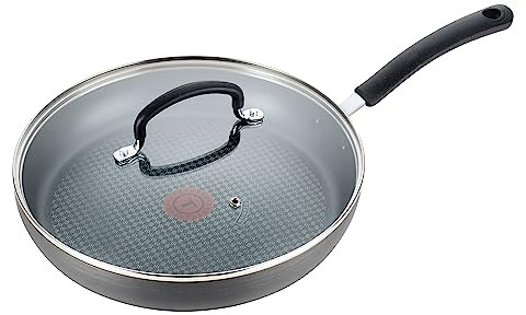 T-fal E76597 Ultimate Hard Anodized Scratch Resistant Titanium Nonstick Thermo-Spot Heat Indicator Anti-Warp Base Dishwasher Safe Oven Safe PFOA Free Glass Lid Cookware, 10-Inch, Gray
