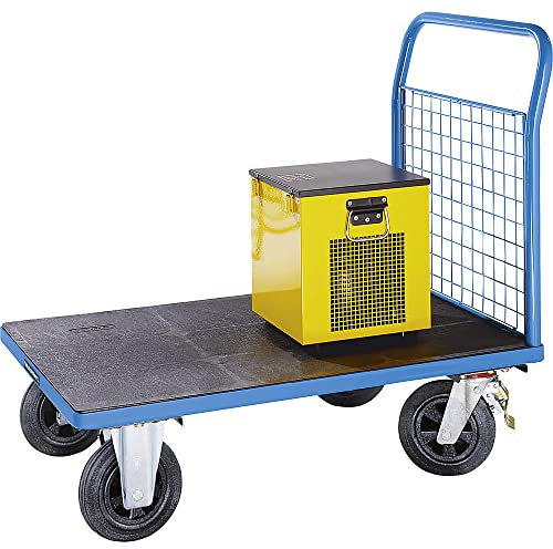 eurokraft | pro | Plattformwagen | 1 hohe Gitter-Stirnwand | LxB 1250 x 800 mm | Vollgummireifen
