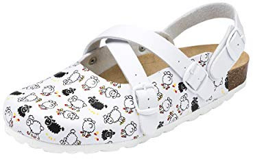 CLINIC DRESS Clog - Clogs Damen weiß bunt Motiv. Schuhe für Krankenschwestern, Ärzte oder Pflegekräfte weiß/schwarz, Schäfchen 39