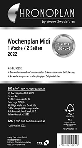 Chronoplan 50542 Kalendereinlage 2022, Wochenplan Midi in Spalten (96x172mm), Ersatzkalendarium, ideal für detaillierte Wochenplanung, Universallochung (1 Woche auf 2 Seiten), weiß