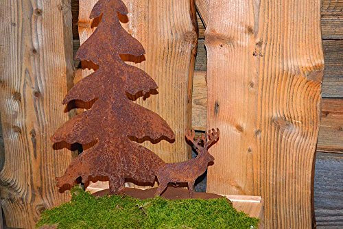 Saremo Deko Hirsch auf Platte in Wolkenform mit Tannenbaum Waldtier Rost Edelrost Metall Rostfigur Deko Dekoration Deko-Idee Winterdeko Dekohirsch Dekotier Rostdeko Gartendeko Geschenk-Idee Geschenk