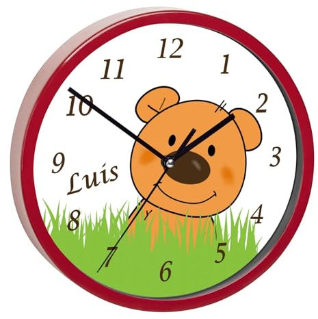 CreaDesign, Wanduhr Kinder personalisiert mit Name, Motiv Teddy Bär-Graß, Rahmen Wanduhr rot, Ø 19,5 cm