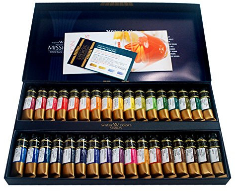 Mijello Honsell 86034 Mission Gold Lot de 34 tubes de 15 ml de peinture aquarelle sophistiquée pour artiste, luminosité intense, sans pigments de cobalt ou de cadmium