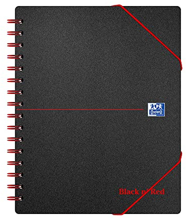 Oxford Black N' Red Notizbuch für Meetings, A5, spiralgebunden, Einband aus Polypropylen, perforiert, elastisches Geldfach, aufklappbarer Einband, Schwarz